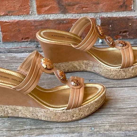 Antonio Melani Jisele Brown Leather Comfort Cork Wedge Heels Slides 9.5M - Picture 5 of 9